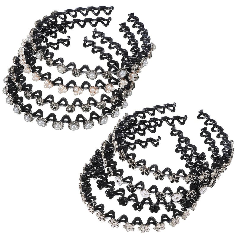 Pearl Headbands for Women 8pcs Thin Plastic Hairbands with Decorative Pearls and Rhinestones, Wavy Design Hair Accessories for Face Washing and Daily Wear - Image 1