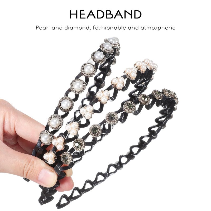 Pearl Headbands for Women 8pcs Thin Plastic Hairbands with Decorative Pearls and Rhinestones, Wavy Design Hair Accessories for Face Washing and Daily Wear - Image 3
