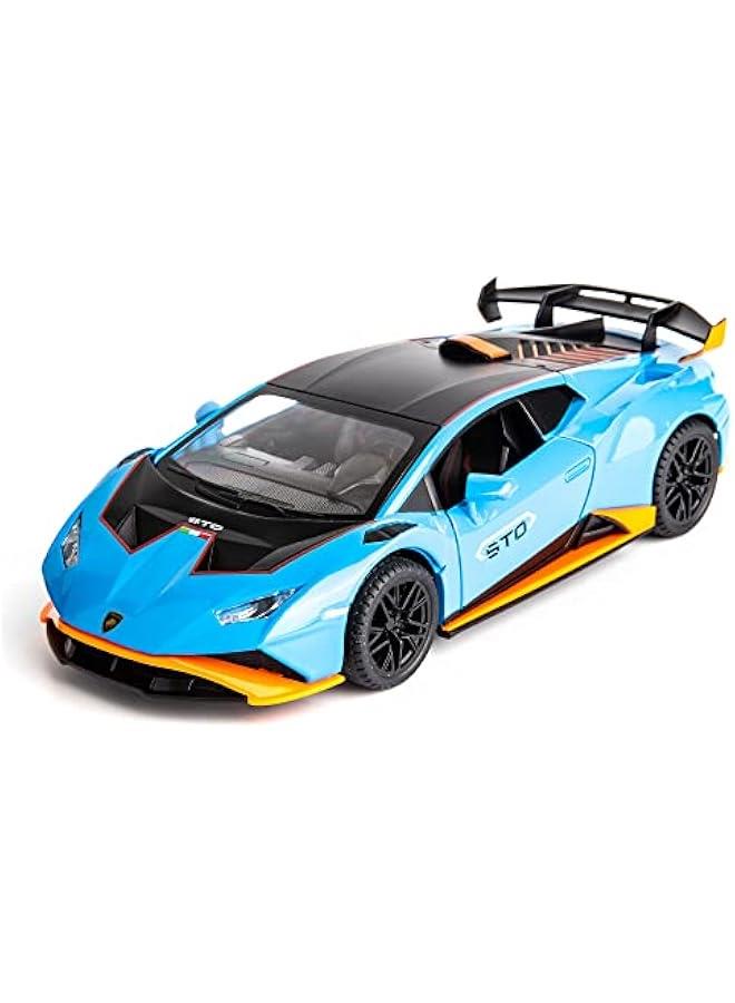 نموذج سيارة بمقياس 1/24 متوافق مع سيارة لامبورغيني هوراكان STO المصبوبة على شكل سيارة لعبة قابلة للسحب للخلف مع الضوء والصوت ويمكن فتح باب السيارة (أزرق) - Image 1