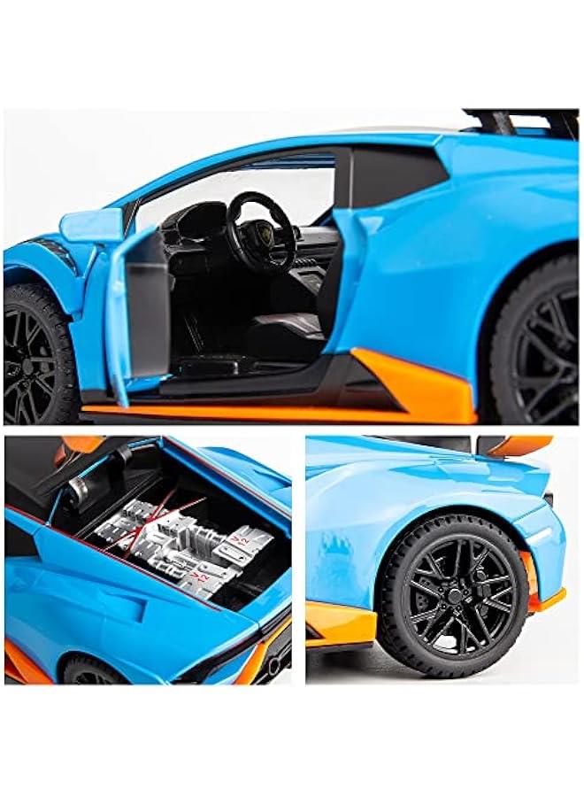 نموذج سيارة بمقياس 1/24 متوافق مع سيارة لامبورغيني هوراكان STO المصبوبة على شكل سيارة لعبة قابلة للسحب للخلف مع الضوء والصوت ويمكن فتح باب السيارة (أزرق) - Image 5