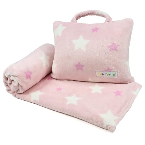 VigorSpring 3in1 Kids Travel Blanket and Pillow Set 40x60 Inches Soft Pink Star DesignKids Travel Blanket Airplane Compact with Bag Potable Pillow Blanket for Travel Airplane Train Bed Office - Image 1
