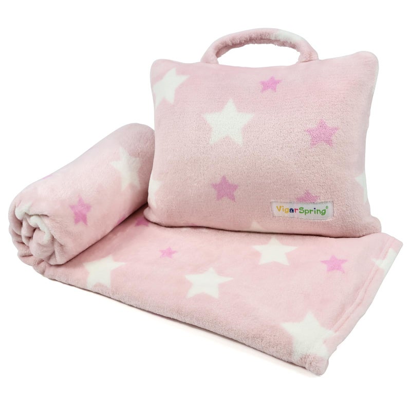 VigorSpring 3in1 Kids Travel Blanket and Pillow Set 40x60 Inches Soft Pink Star DesignKids Travel Blanket Airplane Compact with Bag Potable Pillow Blanket for Travel Airplane Train Bed Office - Image 2