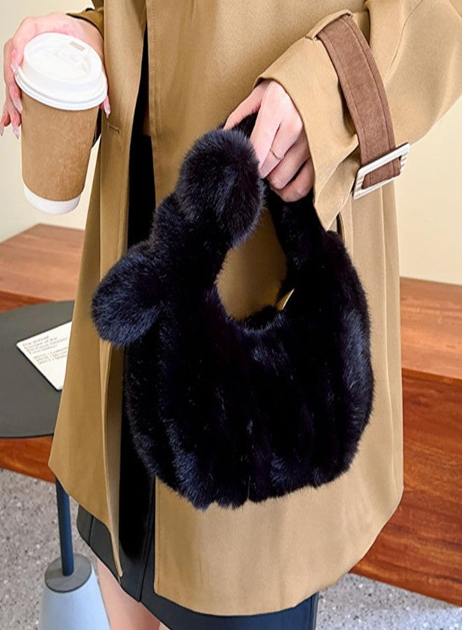 Cityelf Women's Furry Tote Bag Faux Fur Cute Mini Bags Plush Small Purse Autumn and Winter Handbag Black - Image 3