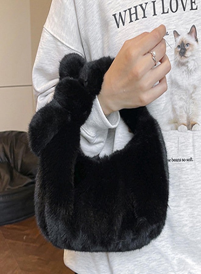 Cityelf Women's Furry Tote Bag Faux Fur Cute Mini Bags Plush Small Purse Autumn and Winter Handbag Black - Image 2