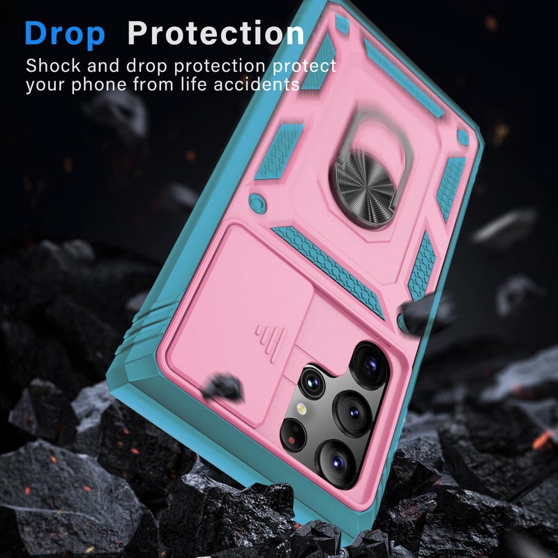 PASNEW Case for Samsung Galaxy S22 Ultra 5G,Camera Cover Slide & 360Â° Rotate Metal Finger Kickstand,Military Heavy Duty Shockproof Protective S22Ultra,6.8 inch,Pink Green - Image 4