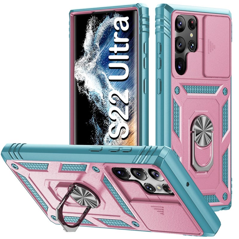 PASNEW Case for Samsung Galaxy S22 Ultra 5G,Camera Cover Slide & 360Â° Rotate Metal Finger Kickstand,Military Heavy Duty Shockproof Protective S22Ultra,6.8 inch,Pink Green - Image 1