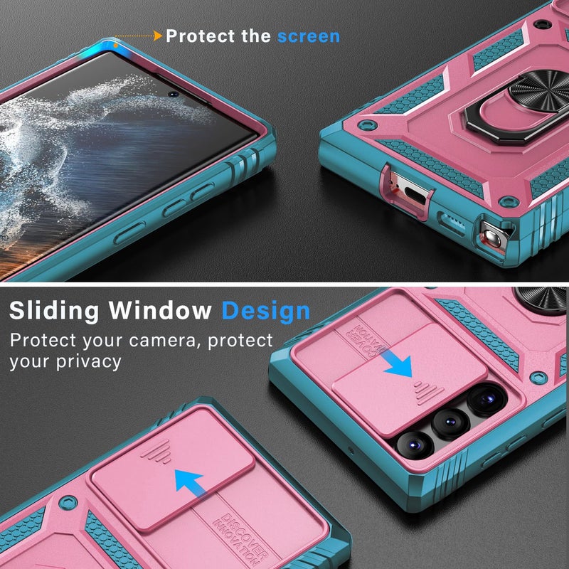 PASNEW Case for Samsung Galaxy S22 Ultra 5G,Camera Cover Slide & 360Â° Rotate Metal Finger Kickstand,Military Heavy Duty Shockproof Protective S22Ultra,6.8 inch,Pink Green - Image 2