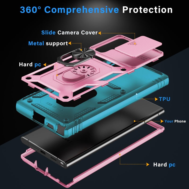 PASNEW Case for Samsung Galaxy S22 Ultra 5G,Camera Cover Slide & 360Â° Rotate Metal Finger Kickstand,Military Heavy Duty Shockproof Protective S22Ultra,6.8 inch,Pink Green - Image 3