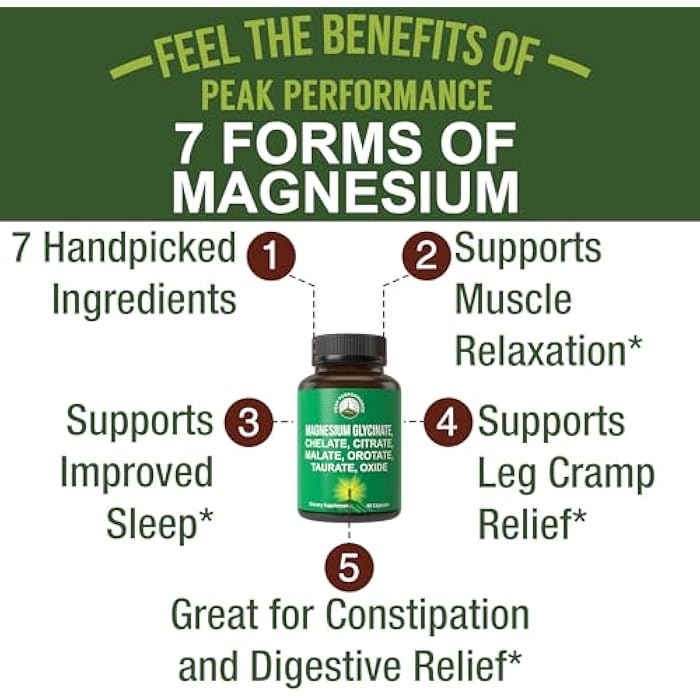 Peak Performance Magnesium Glycinate + Citrate + Malate + Chelate + Orotate + Taurate + Oxide. 7 Forms of Magnesium Complex. 500mg Supplement Capsules for Women & Men. 2 Pills for Sleep, Leg Cramps, Muscles - Image 2