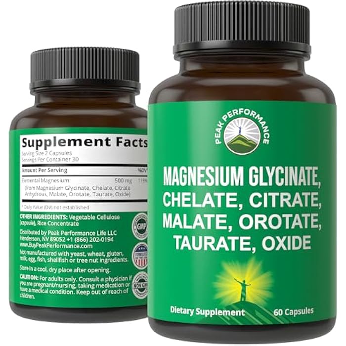 Peak Performance Magnesium Glycinate + Citrate + Malate + Chelate + Orotate + Taurate + Oxide. 7 Forms of Magnesium Complex. 500mg Supplement Capsules for Women & Men. 2 Pills for Sleep, Leg Cramps, Muscles - Image 1