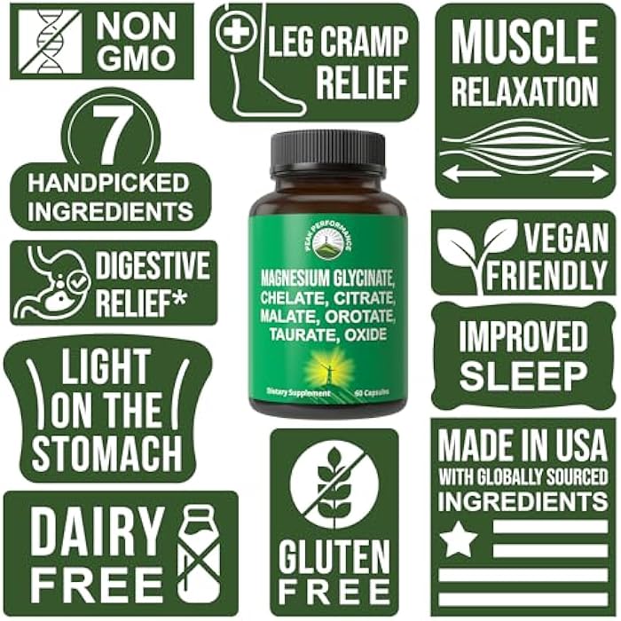 Peak Performance Magnesium Glycinate + Citrate + Malate + Chelate + Orotate + Taurate + Oxide. 7 Forms of Magnesium Complex. 500mg Supplement Capsules for Women & Men. 2 Pills for Sleep, Leg Cramps, Muscles - Image 3