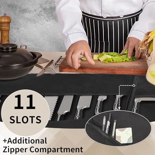 lelezone Upgraded Chef Knife Roll Bag, Waterproof Waxed Canvas Knife Case Holds Size Up to 18'', Portable Knife Holder with 11 Slots for Knives with Adjustable Strap, Gift for Beginner or Pro - Image 3