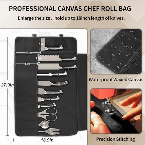 lelezone Upgraded Chef Knife Roll Bag, Waterproof Waxed Canvas Knife Case Holds Size Up to 18'', Portable Knife Holder with 11 Slots for Knives with Adjustable Strap, Gift for Beginner or Pro - Image 2