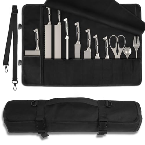 lelezone Upgraded Chef Knife Roll Bag, Waterproof Waxed Canvas Knife Case Holds Size Up to 18'', Portable Knife Holder with 11 Slots for Knives with Adjustable Strap, Gift for Beginner or Pro - Image 1