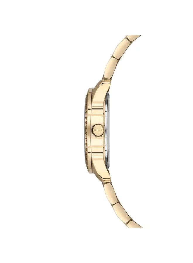 يو اس بولو اسن ساعة نسائية بسوار ستانلس ستيل ذهبي ومينا أخضر بعقارب  مم