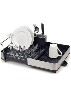 Stainless Steel Extendable Dual Part Dish Rack Non Scratch And Movable Cutlery Drainer And Drainage Spout One Size Gray