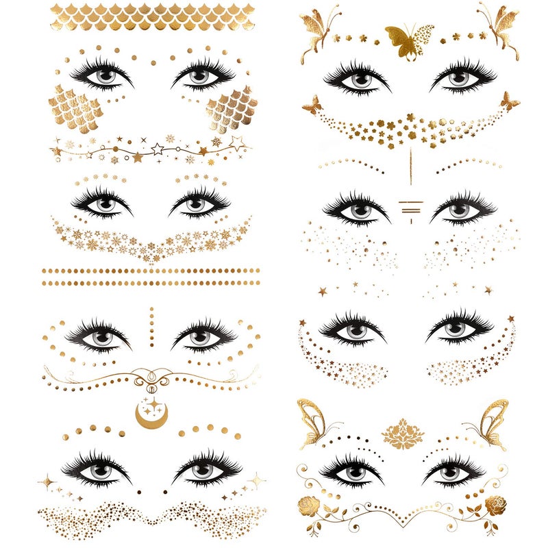Konsait 8 Sheets Face Tattoo Sticker Metallic Temporary Transfer Tattoo Waterproof Face Jewels for Women Girls Make Up Dancer Costume Parties Shimmer Glitter Gold TattoosButterfly Star Freckle Scale