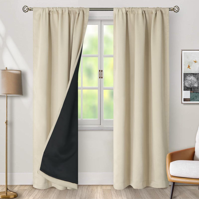 BGment BGURE BEIGE 100 ٪ تعتيم الستائر لغرفة النوم 84 بوصة الطول 2 لوحات أسود خارج لوحات معيش - Image 2