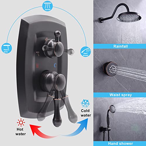 Drettyer Oil Rubbed Bronze Antique Threefunction Concealed Copper 3 Way Outlet Shower Diverter Valve Faucet Mixer Roughin Valve Trim Kit - Image 3