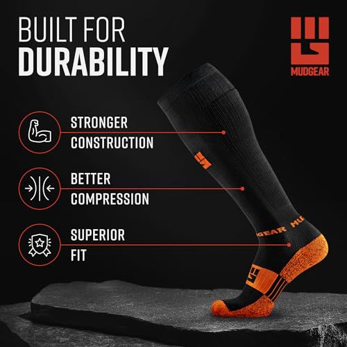MudGear Compression Socks for Trail Running, Recovery, Travel, and Outdoor Adventures – Graduated, Durable, Sweat-Resistant, Boot Height, Large, Black/Orange - Image 2
