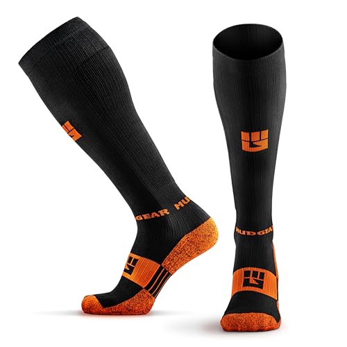 MudGear Compression Socks for Trail Running, Recovery, Travel, and Outdoor Adventures – Graduated, Durable, Sweat-Resistant, Boot Height, Large, Black/Orange - Image 1