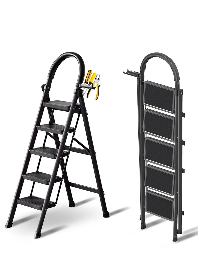 Apexll Sturdy 5-Step Folding Ladder with Tool Holder, Anti-Slip Pedal, Portable Iron Step Stool for Kitchen, Household, Indoor & Outdoor Use - Image 1