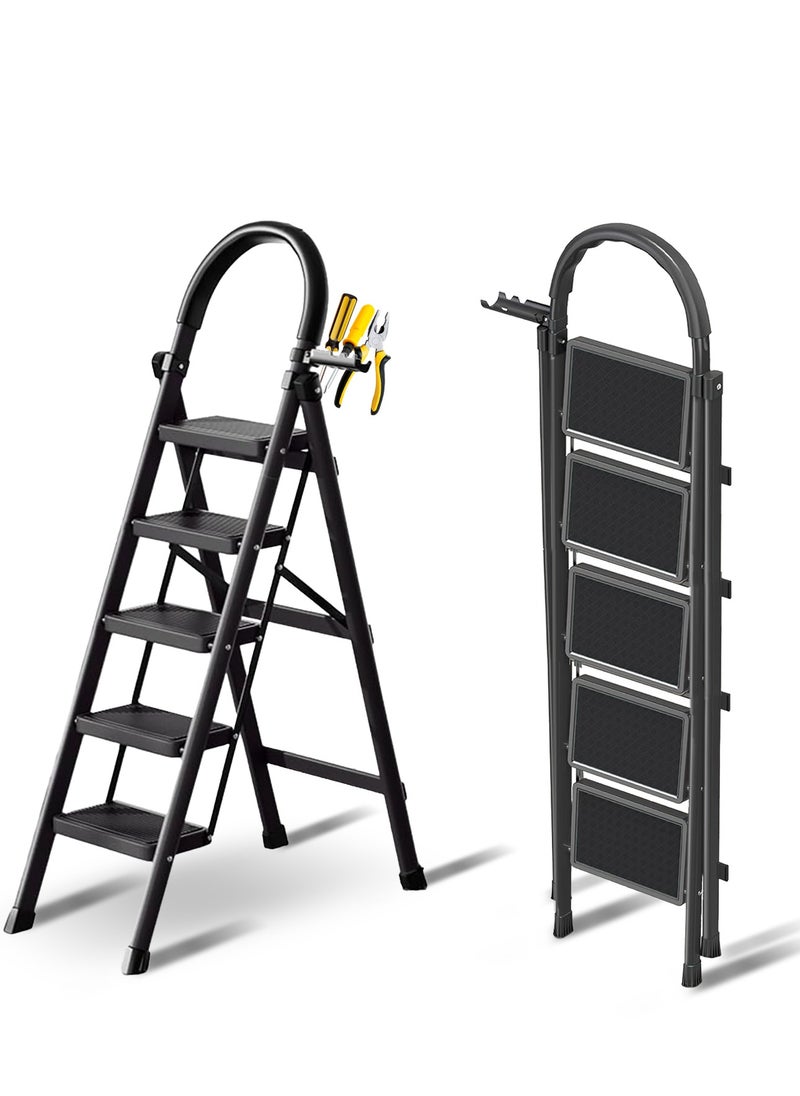 Bentifar - Sturdy 5-Step Folding Ladder with Tool Holder, Anti-Slip Pedal, Portable Iron Step Stool for Kitchen, Household, Indoor & Outdoor Use - Image 1