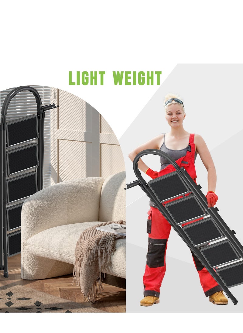 Bentifar - Sturdy 5-Step Folding Ladder with Tool Holder, Anti-Slip Pedal, Portable Iron Step Stool for Kitchen, Household, Indoor & Outdoor Use - Image 1