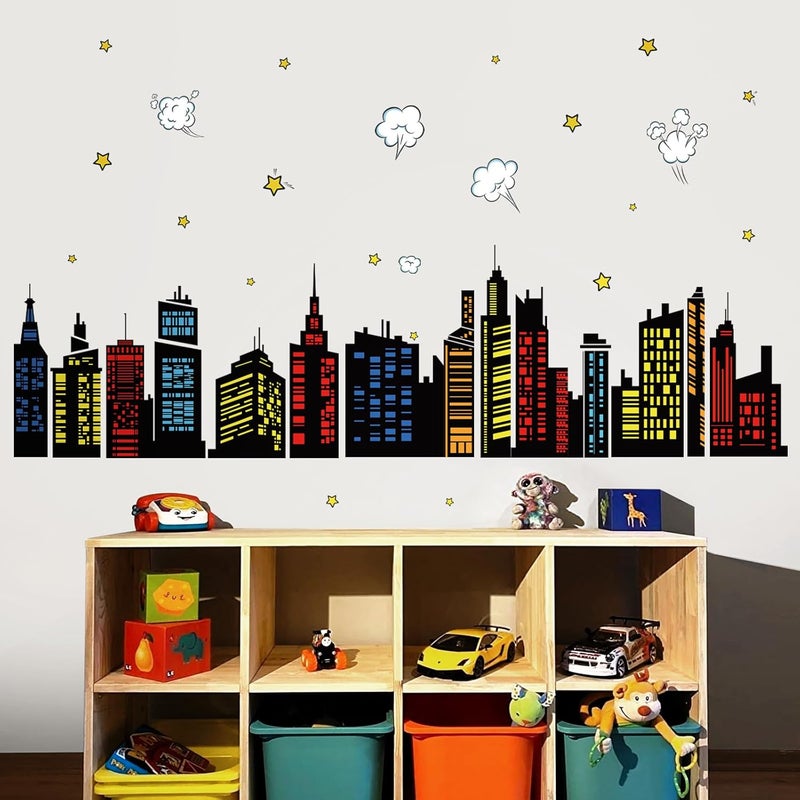 decalmile Colorful City Skyline Wall Decals Hero City Building Stars Wall Stickers Bedroom Playroom Toddler Room Wall Decor - Image 2
