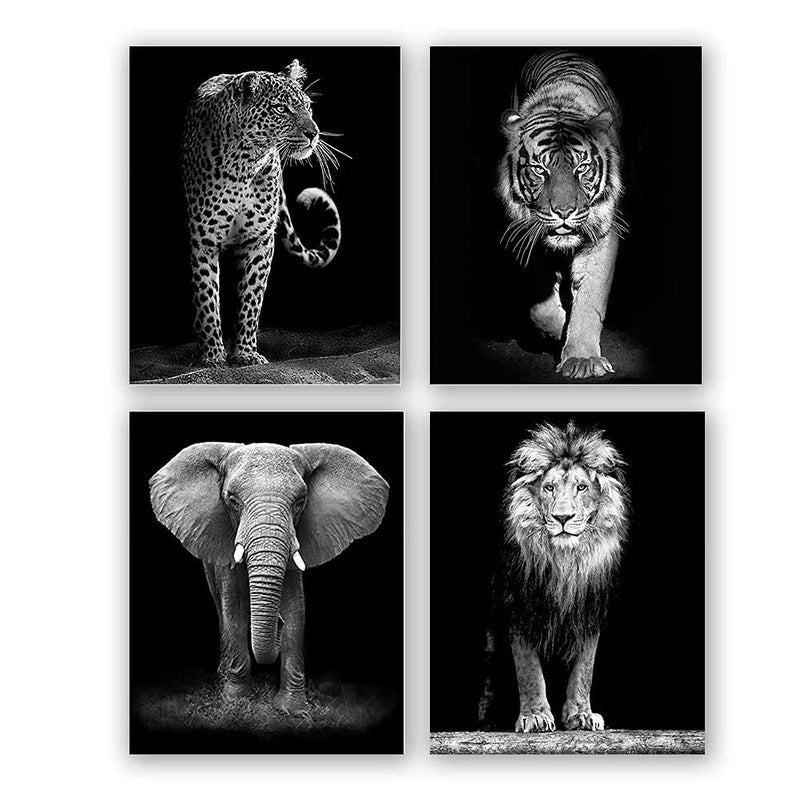NIIORTY 4 Set-Black and White African Wild Animal Photo Wall Art Tiger Lion Elephant  Leopard Picture Canvas Wall Poster Printing Brave Inspirational Wall Art For Bedroom Living Room Decor(8""x 10""Unframed) 