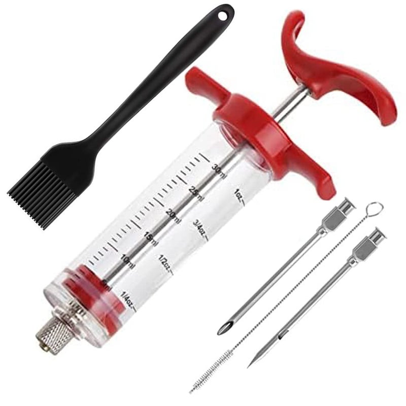 Jasni Meat Injector SyringeStainless Steel Food Seasoning Syringe Kit with 1pc Barbecue Brush 2pcs Needles and 1pc Needles Cleaner Great for BBQ Grilling Baking and Cooking