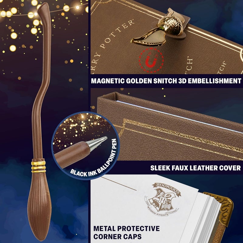 Harry Potter A5 Notebook Set with Broomstick Pen for Kids, Teens, Faux Leather Cover, Golden Snitch Detail, Stationery Supplies, Gifts for Kids (Brown Wand Pen) - Image 4
