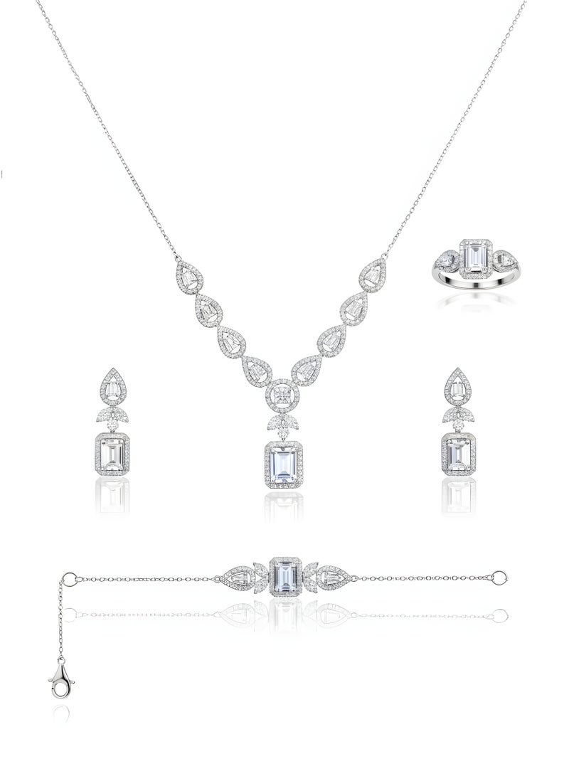 Fine Silver 925 Sterling Silver Women's Luxury Jewelry Set - Emerald Cut Zircon Necklace, Earrings, Bracelet & Ring - Image 1