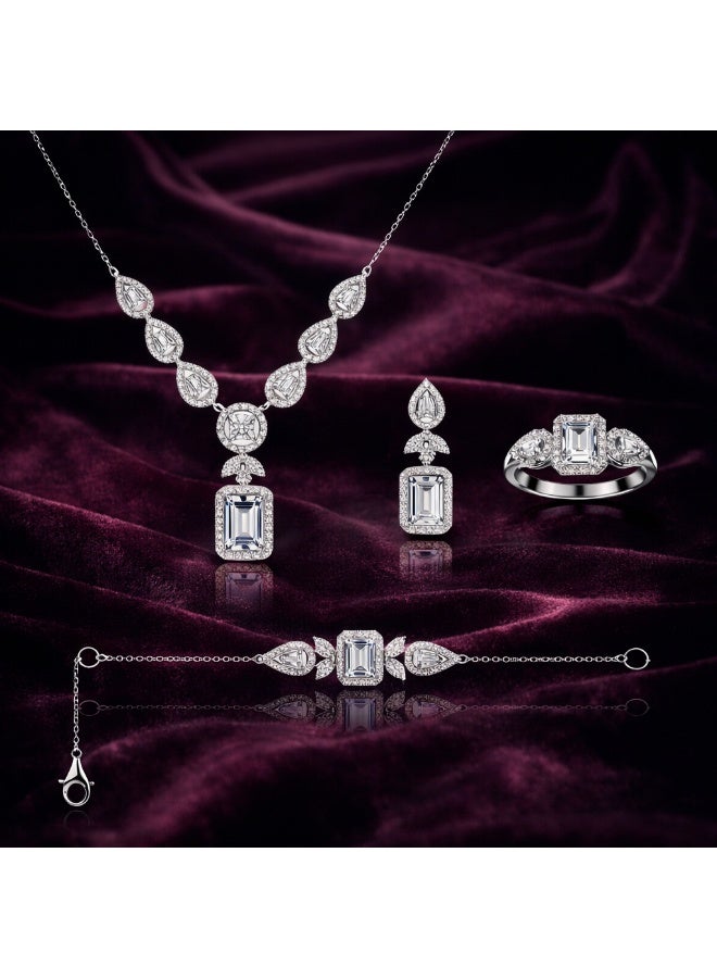 Fine Silver 925 Sterling Silver Women's Luxury Jewelry Set - Emerald Cut Zircon Necklace, Earrings, Bracelet & Ring - Image 2