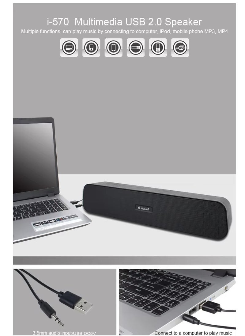 Generic - Kisonli i-570 Multimedia Speaker, 2.0 Channel Stereo Sound, USB Input, Modern Design-BLACK - Image 1