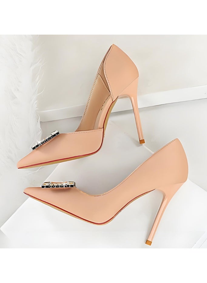 BIGTREE Women's Rhinestone Stiletto Pumps Closed Pointed Toe High Heels Party Dress Shoes Pale Pink 10.5CM - Image 3