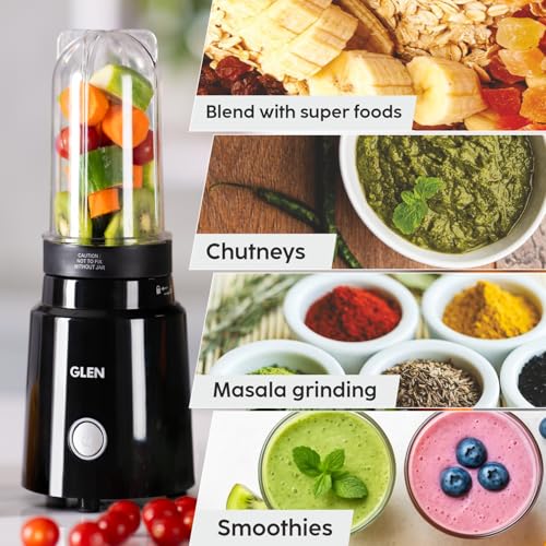Glen Active Blender | Grinder & Juicer Smoothie Maker | 350W, 2 Unbreakable Jars with Sipper Cap, Stainless Steel Blades | Dry & Wet Grinding, Blender for Coffee, Chutney & Protein Shakes - 500ml - Image 4