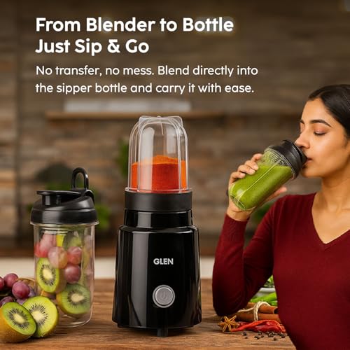 Glen Active Blender | Grinder & Juicer Smoothie Maker | 350W, 2 Unbreakable Jars with Sipper Cap, Stainless Steel Blades | Dry & Wet Grinding, Blender for Coffee, Chutney & Protein Shakes - 500ml - Image 2