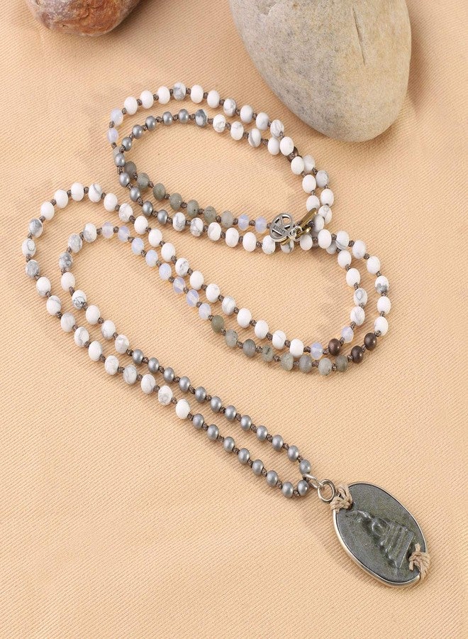 KELITCH Buddha Pendant Necklaces Y-Shaped Natural Stone Beaded Necklaces Statement Handmade Jewelry - Image 3