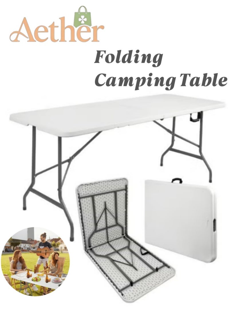 AETHER Portable Folding Camping Table - 180x70x74cm Waterproof White Picnic Table with Locking Steel Legs for Outdoor Travel, BBQ & Indoor Events - Image 1