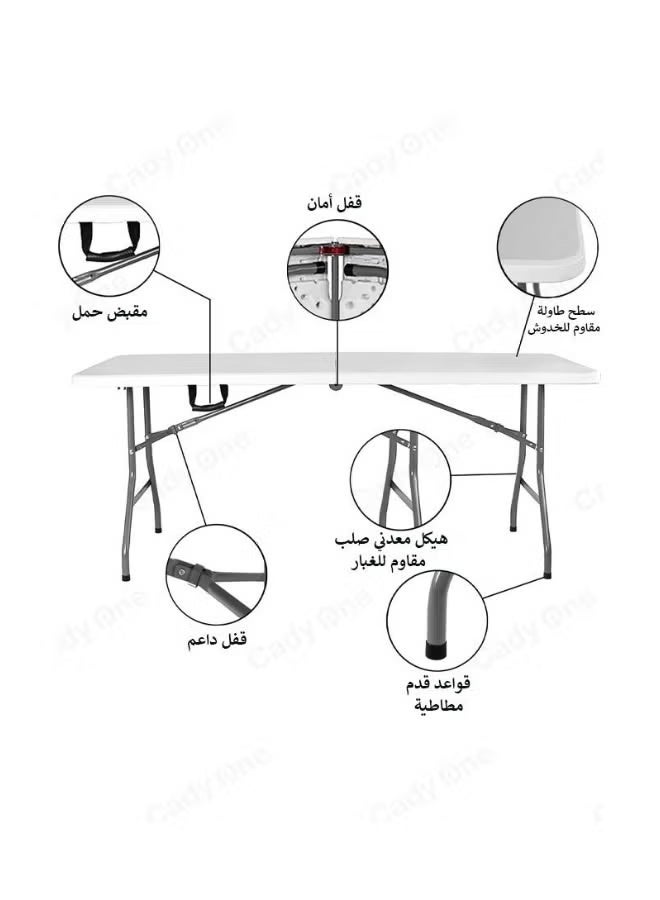 AETHER Portable Folding Camping Table - 180x70x74cm Waterproof White Picnic Table with Locking Steel Legs for Outdoor Travel, BBQ & Indoor Events - Image 3