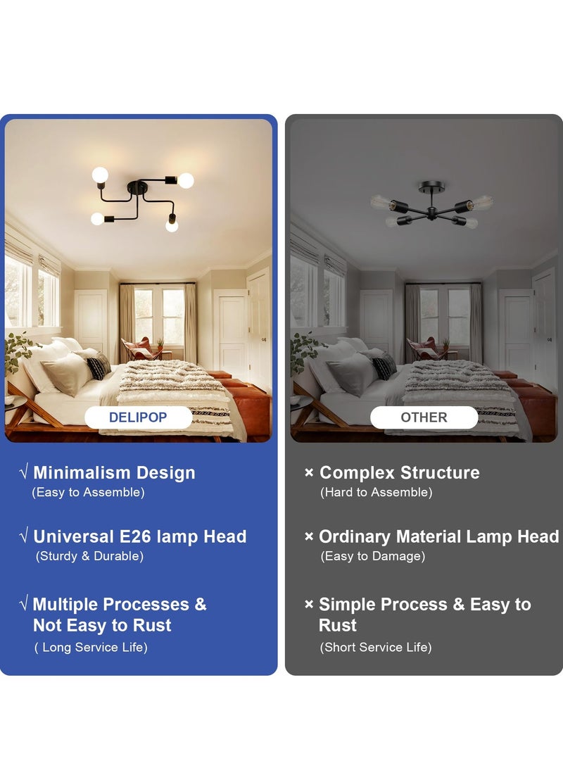 MIXDE Sputnik Light Fixtures, 4-Light Black Sputnik Semi Flush Mount Ceiling Light, E26 Mid Century Modern Light Fixtures Ceiling Mount for Bedroom, Living Room, Kitchen, Dining Room - Image 5