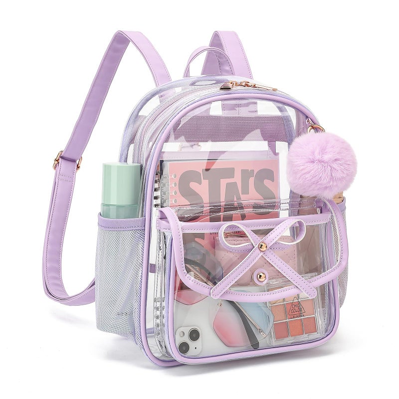 ASKSKY Clear Backpack for Stadium Events 12x12x6, Thick PVC Small Clear Bag with Leather Trim Fashion Women Backpack for Concerts, Sports, Festivals, Work, Travel-Purple - Image 1
