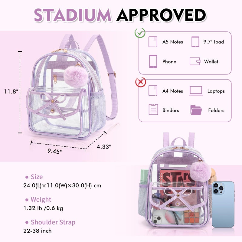 ASKSKY Clear Backpack for Stadium Events 12x12x6, Thick PVC Small Clear Bag with Leather Trim Fashion Women Backpack for Concerts, Sports, Festivals, Work, Travel-Purple - Image 3