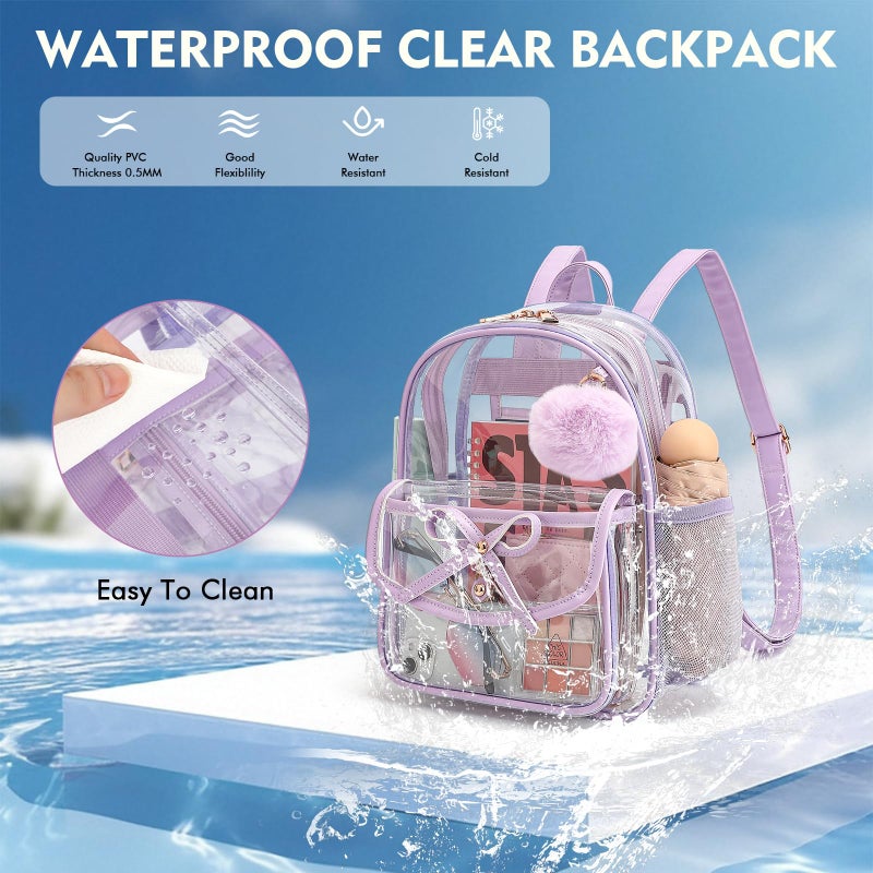 ASKSKY Clear Backpack for Stadium Events 12x12x6, Thick PVC Small Clear Bag with Leather Trim Fashion Women Backpack for Concerts, Sports, Festivals, Work, Travel-Purple - Image 5