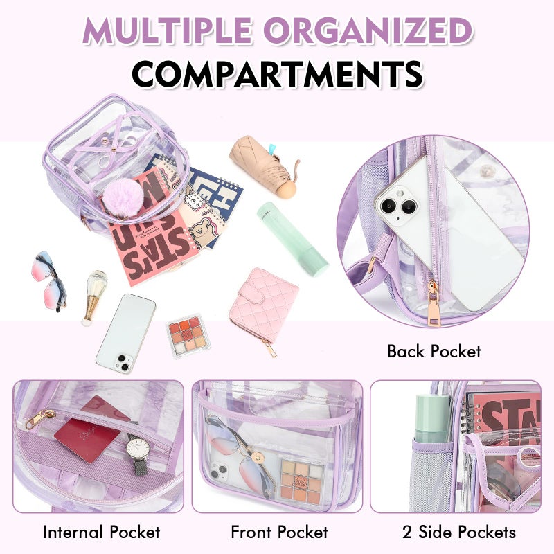 ASKSKY Clear Backpack for Stadium Events 12x12x6, Thick PVC Small Clear Bag with Leather Trim Fashion Women Backpack for Concerts, Sports, Festivals, Work, Travel-Purple - Image 4