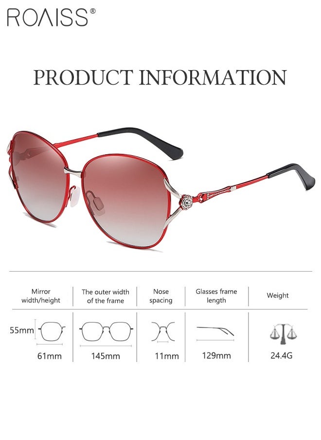 roaiss - Women's Butterfly Polarized Sunglasses, UV400 Protection Sun Glasses with Silver Red Metal Frame Decorated with Flower Pattern, Fashion Anti-glare Sun Shades for Women with Glasses Case, 61mm - Image 1