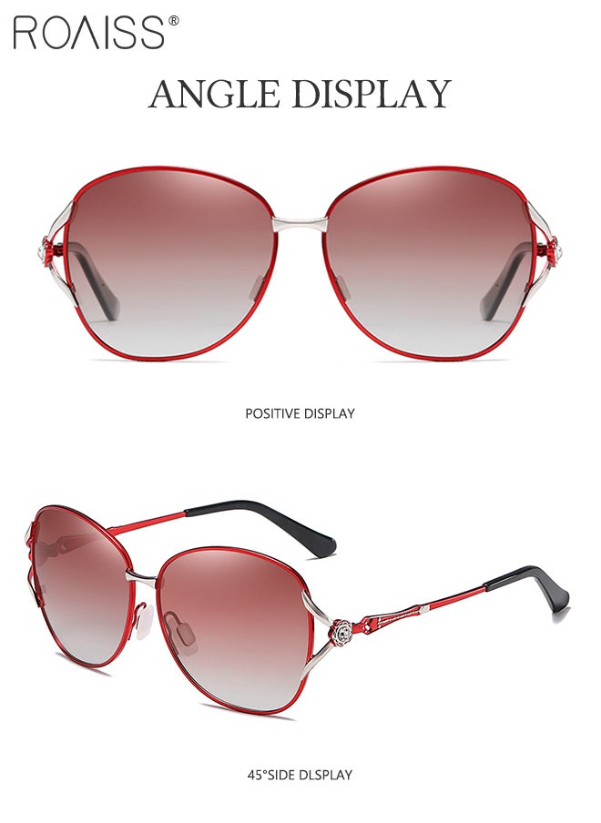 roaiss - Women's Butterfly Polarized Sunglasses, UV400 Protection Sun Glasses with Silver Red Metal Frame Decorated with Flower Pattern, Fashion Anti-glare Sun Shades for Women with Glasses Case, 61mm - Image 1