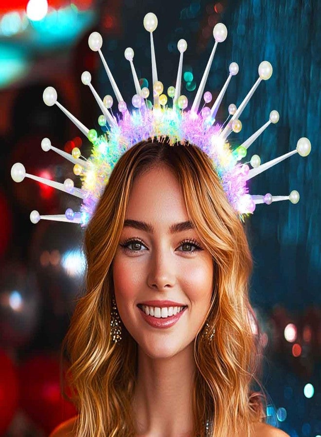 Zoestar Light Up Pearl Crown Headband LED Halo Headbands Glow Party Hair Accessories for Women - Image 2