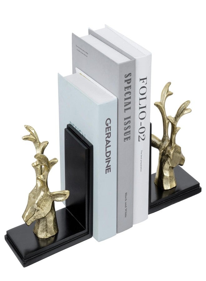 MyGift Brass Decorative Bookends, Modern Stag, Book Ends Holder Stopper for Shelves, Cast Aluminum Male Deer Head on Black Acacia Wood, for Home Library Office Desk, Handcrafted in India, 1 Pair - Image 1